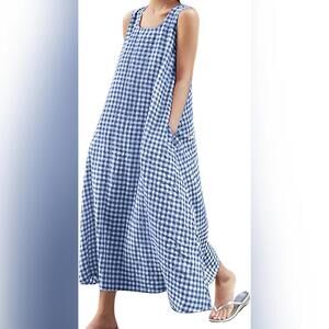NWOT Casual Loose-Fit Cotton Plaid Boho Tank Maxi Dress with Pockets, Large